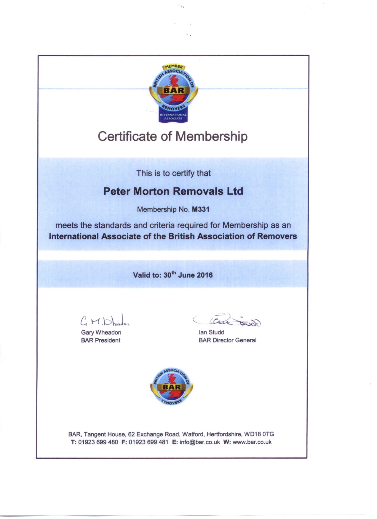 BAR Certificate Peter Morton Removals Cyprus